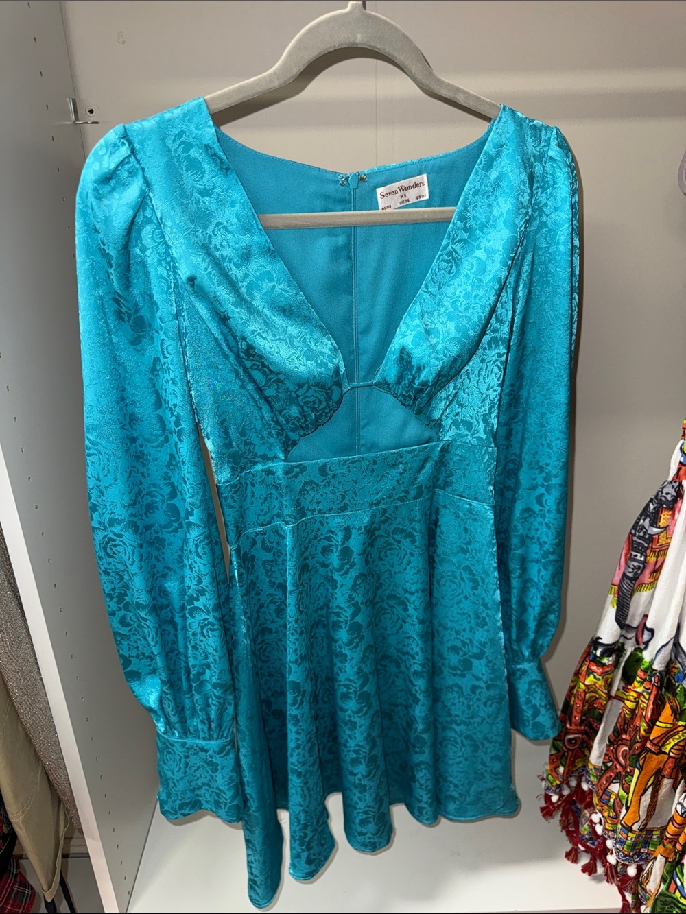 Sister Wonderland Teal Satin Jacquard Long Sleeve Mini Dress